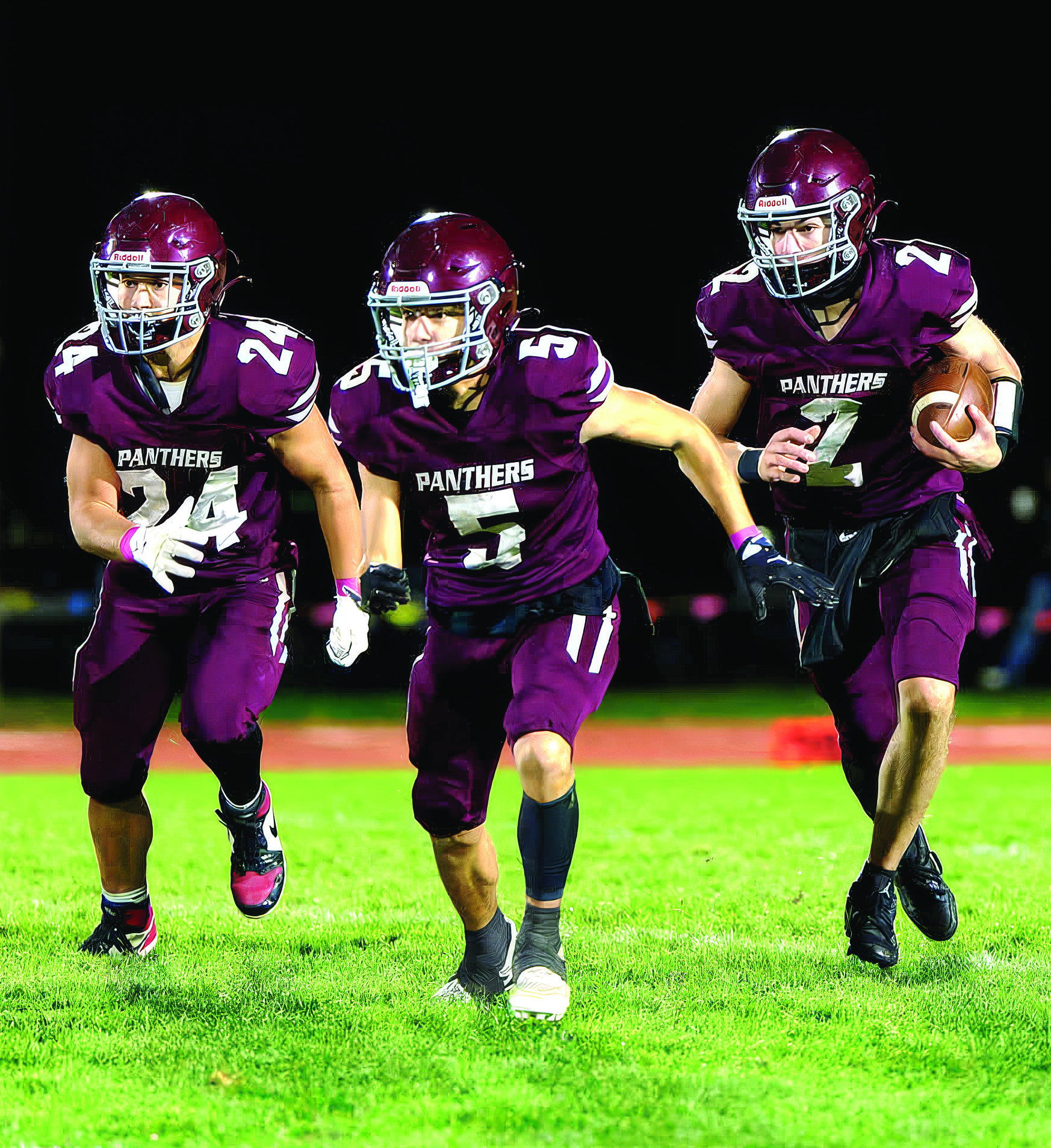 Timber Lake HS footballers (LR) Blaise Lei, Rance Gross and Pete Maher helped the Panthers defeat Harding County/Bison 50-8 last Friday, sending TLHS to the playoffs with the #1 seed in 9A. Photo by Marie Du Preez