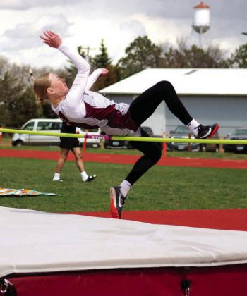 Timber Lake’s Talley Locken clears the high jump during the Timber Lake Invitational Track Meet held last Thursday, May 2, at Doug Kraft Field. Locken cleared the bar at 4 feet-six inches, earning her a tie for second place in the event. Photo by Jon Flatland