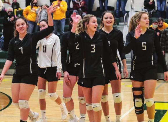 The Timber Lake volleyballers wave goodbye to the crowd following their final match of the season last Tuesday in the SoDak 16 round in Mellette. Northwestern defeated TLHS to advance to the state tournament. Photos by Robert Slocum