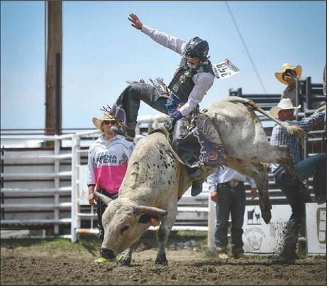 Wynn Lawrence, a member of the Timber Lake High School Rodeo Club, took top honors in the second-go of the Northwest Region Rodeo held in Buffalo last weekend, with an 80 point ride. The second Northwest Region Rodeo is this weekend in Dupree with the State Finals Rodeo set June 16-20 in Ft. Pierre. Photo by Chuck Miner