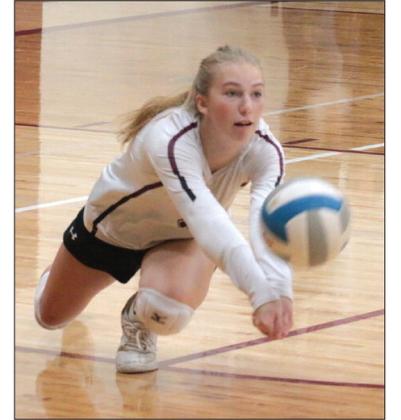 Timber Lake senior libero Averie Marshall digs out a shot during recent Lady Panther volleyball action. Marshall has been putting up big numbers this season, including 57 digs in a loss to Beresford at the Redfield Volleyball Classic last weekend.