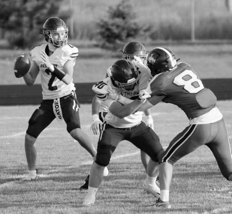 Timber Lake quarterback Pete Maher (2) had time in the passing pocket thanks to blocking by Devon Keller (40) in the Panthers ‘22-20 season opening win over Lemmon-McIntosh last Friday at Lions Field in Lemmon. Maher completed 8-of-17 passing attempts for 95 yards and a touchdown. Timber Lake hosts Herreid-Selby on Thursday, Sept.3 and Hill City on Friday, Sept. 11.