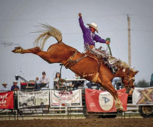Shorty Garrett of Dupree shows the form that has him sitting at No. 13 in the PRCA’s world saddle bronc rankings. Garrett has qualified for the National Finals Rodeo once in his career and is currently on pace to make it back this year. Photo courtesy of Chuck Miner