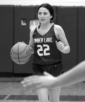 Freshman guard Ruby Maher brings the ball into the front-court for the Timber Lake Lady Panthers during action against Little Moreau Conference foe Lemmon last Friday, Dec. 8. Photo courtesy of Marie Du Preez