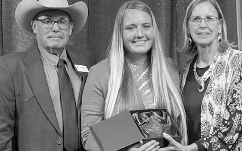 District 28A Representative Jana Hunt of Faith was recently recognized with the “Friend of the Legislature” award from the South Dakota Stockgrowers Association (SDSA) at its 2025 annual convention. Hunt was honored for her efforts to preserve and defend agriculture and livestock producers. Pictured during the award presentation are Chuck Willard, SDSA President; Hunt; and SDSA Executive Director Doris Lauing.