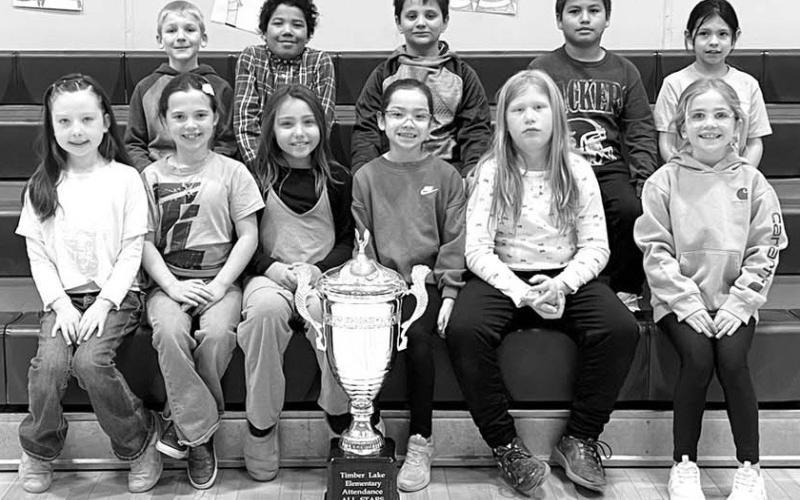 Mrs. Kraft’s 2nd grade class with 93.66% attendance. FRONT (L-R): Bexley Dupris, Kinzlee Martin, Cora Wiedmer, Millie Brown Otter, Doly Goldade, Elsie Maher; BACK (L-R): Andrew Zeug, Eleazar Reichert, DW Scholtz, Leon Shoots The Enemy, Kian Rousseau.