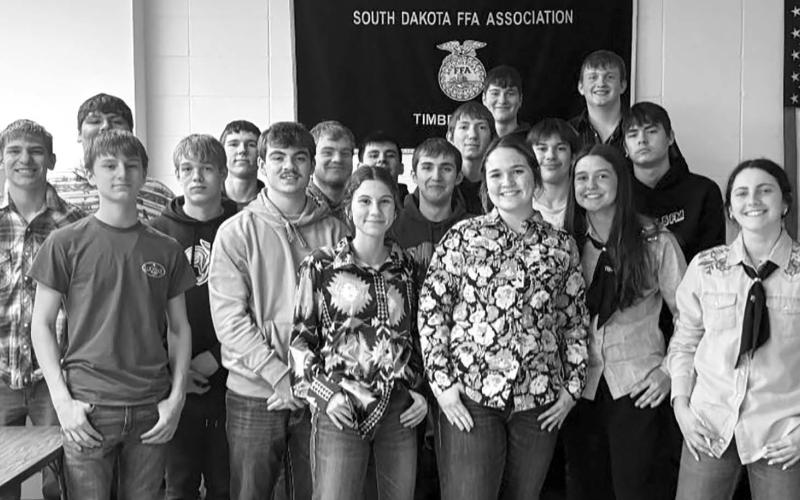 Timber Lake High School sent 18 students to the State FFA Convention in Brookings this past weekend, where they showcased their skills and knowledge in agricultural education. Attending were front, l-r: Kruz Lindskov, Treyden Beer, Natalie Lawrence, Katelyn Biegler, Jaylee Schoelerman, Ruby Maher; Middle: Preston Maciejewski, Hayden Thompson, Brody Ellison, Cullen Biegler, Treyton DuPreez, Chris Peterson-Lemmon, Jack Hornick, TJ Alley, Blaise Lei, Kanton Hunt; Back: Kolby Holzer and Braylen Hansen.