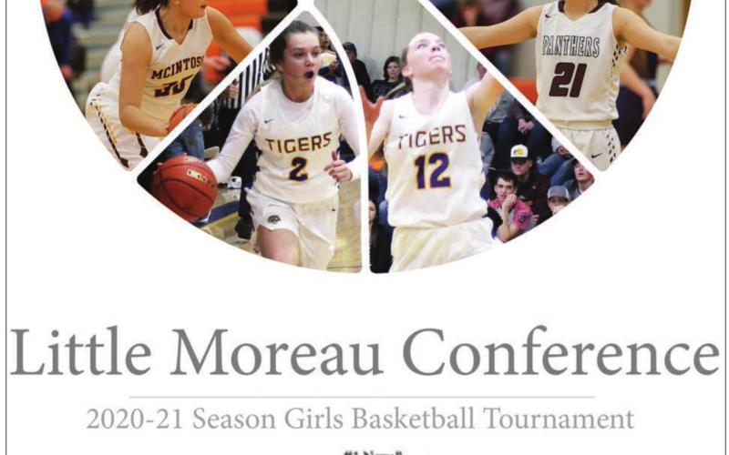 Pictured above clockwise from top left: Timber Lake’s Carlie Lawrence (3), Cassie Carter (12), Tia Lebeau (2) and Abbie Linderman (21), Dupree’s Taylee Jewett (12) and Kennedy Mclellan (2), McIntosh’s Meghan Maher (30) and Nadaley Webb (44). Photo illustration by Robert Slocum, photos by Slocum and Patty Peacock