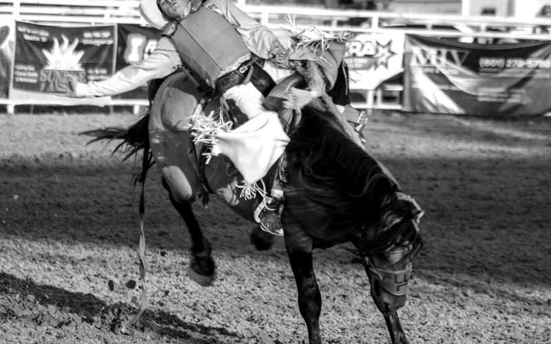 Tayson Jones, Howes, tries to get all he can out of a bucking horse during the Faith Stock Show Rodeo.