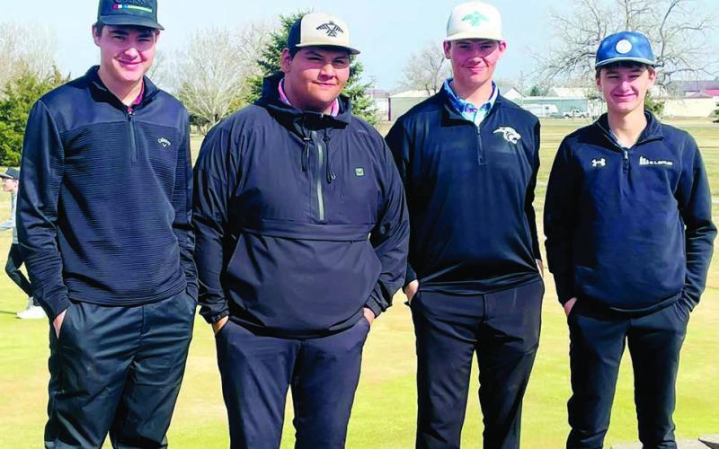 Brothers Hayden and Hadley Thompson posted top 10 finishes to lead the Timber Lake boys golf team to third place overall at the Gettysburg Invitational last Saturday, April 11. Hayden Thompson finished tied for seventh with Hayden Liebl of Warner by shooting an 84. Hadley Thompson followed in ninth place with 85 strokes. Kruz Lindskov helped the Panthers by finishing 11th with a score of 88. Pictured (l-r) are Kanton Hunt, Hayden Thompson, Hadley Thompson, and Kruz Lindskov.