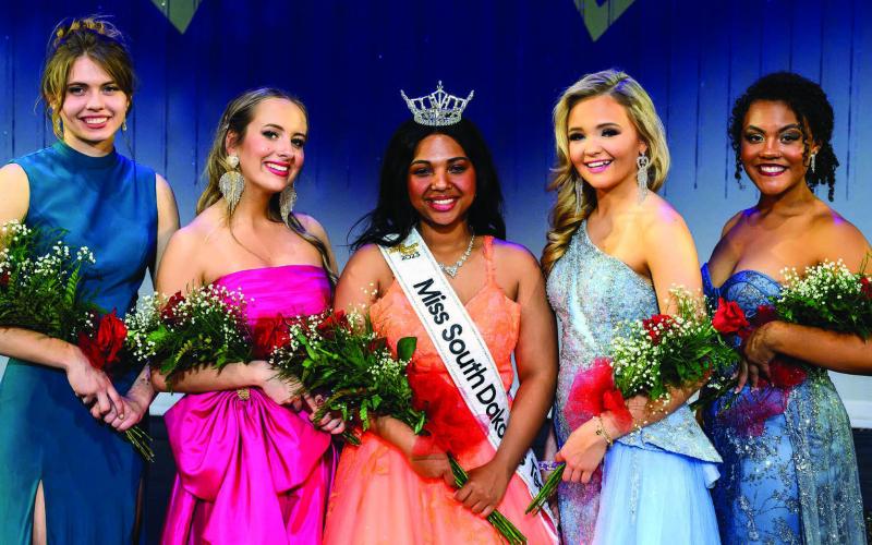 Natalie Biegler (LEFT) of Timber Lake was fourth runner-up in the Miss South Dakota’s Teen Pageant held last week at Brookings. Also pictured are (L-R): Amelie Wilcox, third runner-up; Miss South Dakota’s Teen 2023 Nevaeh Kee; first runner-up Briley Steffensen; and second runner-up, Crimsun Hotz.