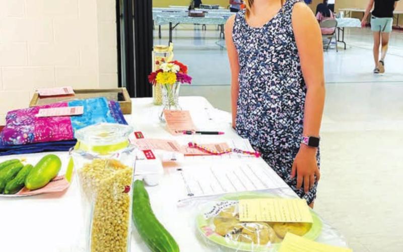 Maya Biegler brought a table full of projects ranging from cookies and cucumbers to flowers and a pie.
