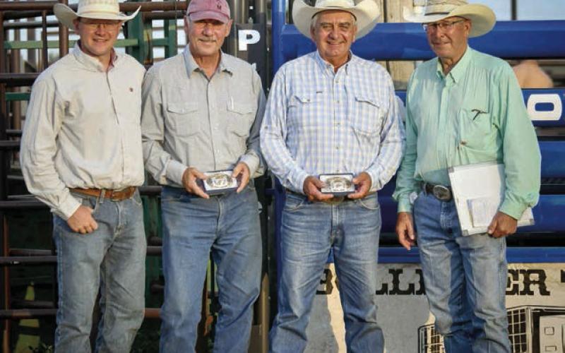 Gregg Mowrer and Buck Ward were selected as the 2025 Days of 1910 Rodeo honorees in recognition of their commitment and contributions to the annual event over the years. Pictured here are Derek Long, Gregg Mowrer, Buck Ward and Doug Maher. Photo by Chuck Miner