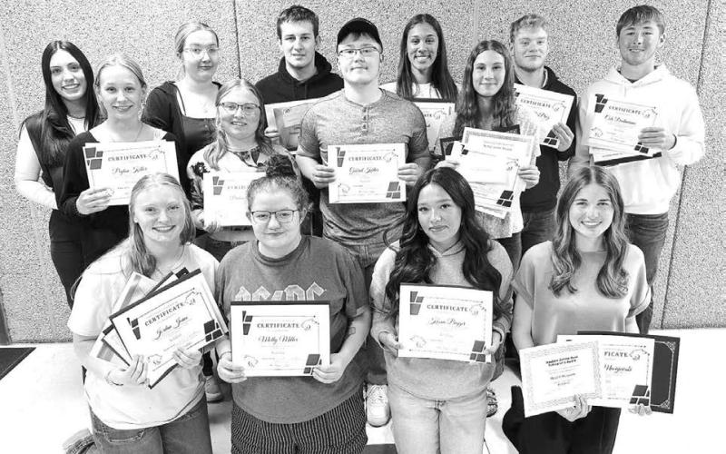 Fourteen Timber Lake seniors went home with scholarship awards presented at the annual TLHS Awards Day on May 7. Front (l-r): Jordan Jones, Molly Miller, Kessa Bigger, Meredith Maciejewski; Middle: Peyton Keller, Brelan Maher, Gabe Keller, Natalie Lawrence; Back: Mckenzi Vomacka, Lola Hornick, Landen Lemburg, Jasmine Nash, Treyton Du Preez, Cole Ducheneaux.