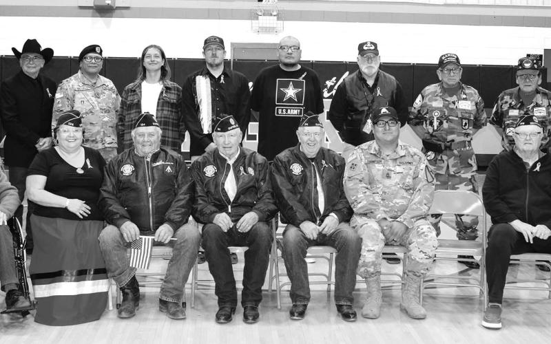 Veterans Front (L-R): Orville Mestes, Sherry Anderson, Gary Birkeland, John Lemke, Clint Farlee, Tyson Thompson, Craig Ness; Back (L-R): Lyle Cook, Faye Garreau, Jeryn Big Eagle, Sebastian Frost, Jacob Anderson, Orlando Morrison, Shannon Hinrichs, Richard Charging Eagle, Carlin Brings Horse, and Ramon Birkeland.