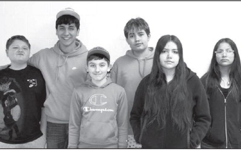 The Dupree JH/HS staff chose the January Students of the Month, pictured here. Front (l-r): Jett Keckler, Kolter Ferguson, and Bayleigh Cudmore; Back (l-r): Gaby LaPlante, Acen LaPlante, and Amanda Blue Coat. Not pictured: Fletcher Birkeland