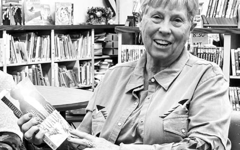 Johny Weber at one of her book discussions at the Dewey Co. Library.