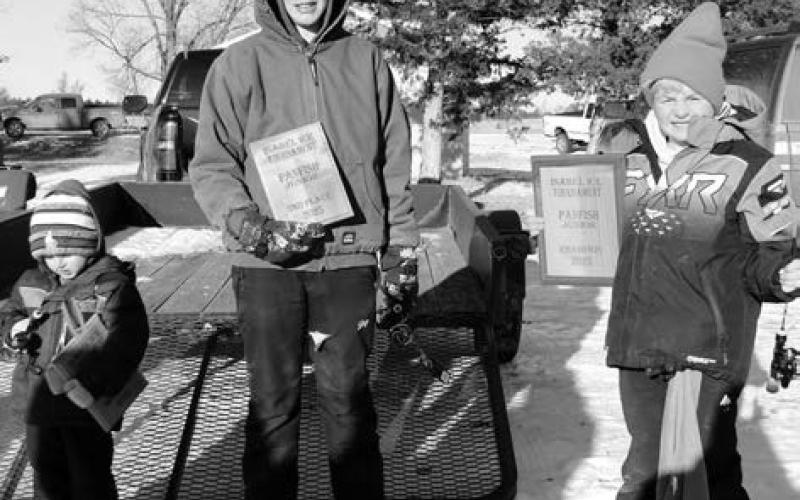Youth Panfish Division: (l-r) Jaxon Hollenbeck, third; Michel Bollinger, second; Jameson Hollenbeck, first.