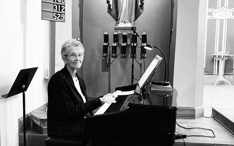 Fauneil Keller at the piano at Holy Cross Church.