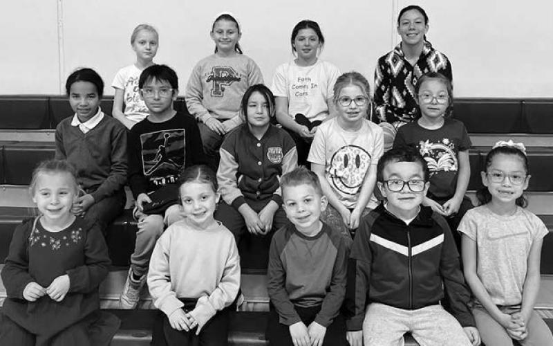 Red Ribbon Week Contest winners at Timber Lake Elementary were: FRONT (L-R): Remi Aberle, Elliot Schweitzer, Layson Gimbel, Ryker Bridges, Millie Brown Otter; 2ND ROW: Evangelina Reichert, Cole Brown Otter, Lola Yellow Horse, Rose Maher, Harleigh Hayes; 3RD ROW: Kendyl Gill, Tegan Baker, Finley Boldt, Cheyienne Nygaard.