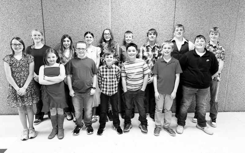 FRONT: Maya Biegler, Mine Baker, Garrett Nilson, Barrett Maciejewski, Luhan Fourie, Isaac Zeug, Baylor Bickel; BACK: Evelyn Gill, CeCe Cowan, Meredith Maciejewski, Bricelyn Pederson, Gracen Gill, Preston Maciejewski, Mason Bickel, Owen Schweitzer