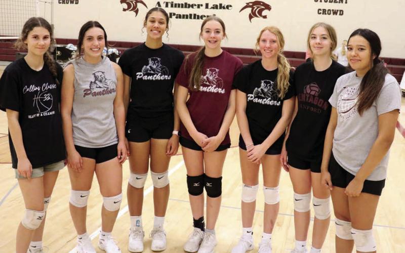 Returning letterwinners for the Timber Lake High School volleyball squad this season include (l-r) Natalie Lawrence, McKenzi Vomacka, Jasmine Nash, Geana Bollinger, Sara Keller, Gailup Bollinger and Kessa Bigger. Photo by Jon Flatland