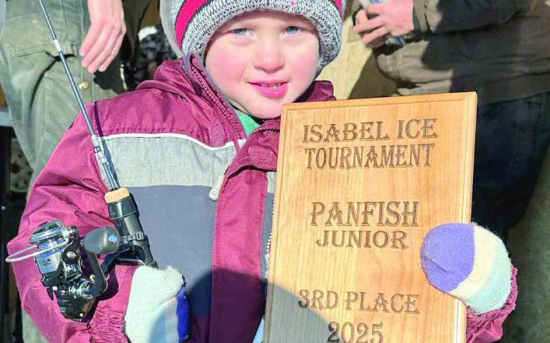 The youngest participant in the 11th Annual Lake Isabel Ice Fishing Tournament on Saturday was two-yearold Jaxon Hollenbeck, son of Nathan and Emily Hollenbeck of Mobridge. Jaxon, who turns 3 on Feb. 1, was the third place winner in the Youth Panfish Division. He is the grandson of Grady and Bobbi Jo Kraft of Timber Lake and Dustin and Annete Hollenbeck of Mobridge.