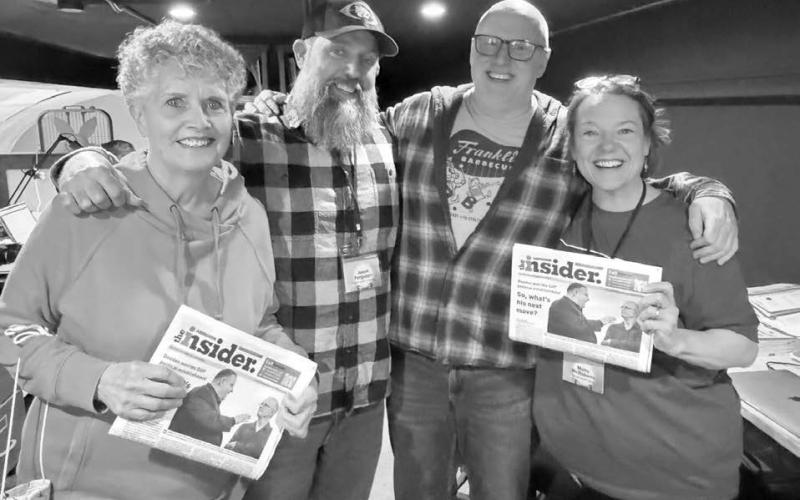 Attendees at the 2025 South Dakota NewsMedia Association Convention in Aberdeen included, from left, Kathy Nelson of the Timber Lake Topic, Jason Ferguson of Southern Hills Publishing, Scott Waltman of The Aberdeen Insider and Molly McRoberts of the Potter County News. (Courtesy of David Bordewyk/SDNA)