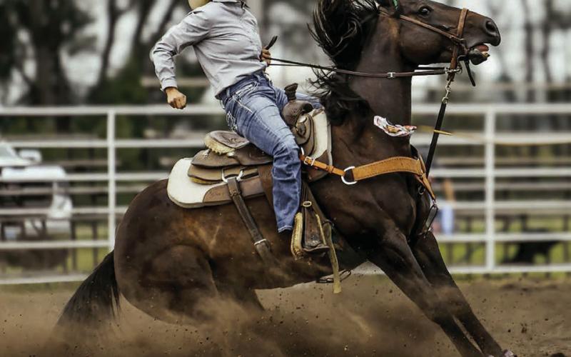 Isabel cowgirl Jacque Peterson stops her horse on a dime while competing in ladies breakaway roping during recent rodeo action. With just weeks remaining in the regular season, Peterson sits atop the ladies breakaway standings.