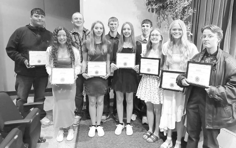 Ten TLHS seniors earned Regents’ Scholar Diplomas. They are (Front l-r) Arianna Bieber, Gailup Bollinger, Geana Bollinger, Emma Johnston, Hailey Roggow, Maria Scherer; Back: Hayden Thompson, Braylen Hansen, Holden Gill, and Cullen Biegler. To receive the diploma students must complete four units of Language Arts, four units of Mathematics, four units of Science, three units of Social Studies, one unit of Fine Arts, and two units of Modern/Classical Language or Career &amp;amp; Technical Education.