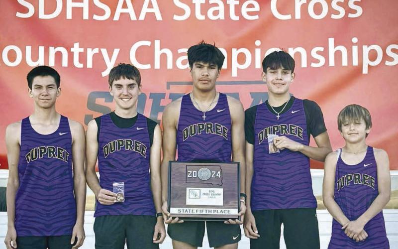 Members of the Dupree Tigers boys cross country team that captured fifth place at the State Class B Cross Country Meet in Rapid City on Saturday are Joseph Brewer, Spencer Olsen, Tripp Schrempp, Tayshaun Cudmore and Rowdy Schrempp. The Tigers are coached by Jessie Longbrake and Calby Farlee. Photo courtesy of Kathy Olsen
