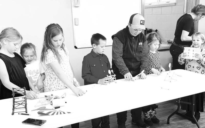 CC science competition where students built bridges and catapults. L-R: Rebecca Hunt, Kimber Clark, Elizabeth Hunt, Jackson Hunt, Caleb Simon, Olive Anderson, and Hannah Hunt.