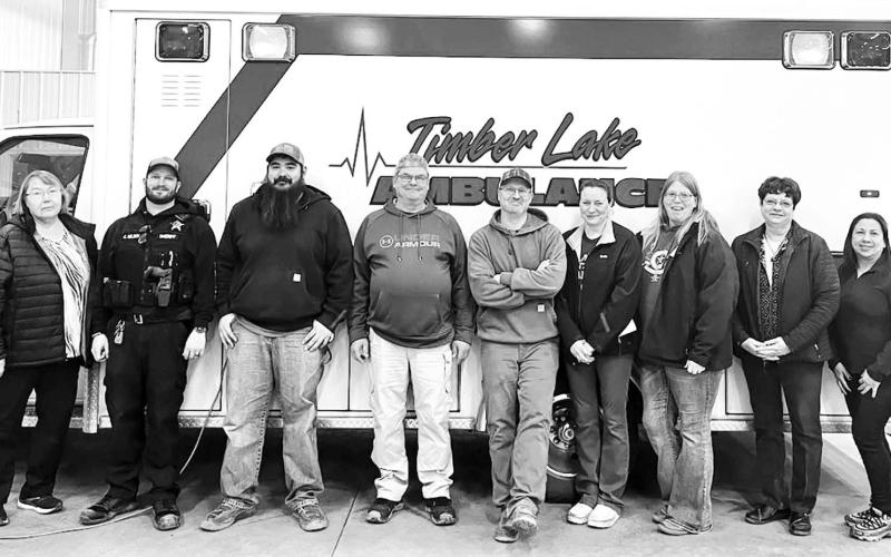 The Timber Lake Ambulance EMTs and drivers recently underwent telemedicine training on how to connect with medical professionals and facilities when treating patients. L-R are Kendra Enright (EMT/paramedic), Kyle Nilson (EMT), Shad Bollinger (driver), Robert Martian (EMT/parademic), Brent Gill (driver), Emily Gill (EMT), Teri Gayer (EMT), TL Ambulance Service Director Chris Hermes and Sylvia Mowrer (EMT). NOT PICTURED: Greg Garon and Jackie Biegler (EMTs).