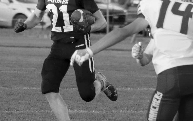 Timber Lake’s Eddie Keller (21) looks for a gap in the Harding County-Bison special teams unit during a kickoff return against the Ranchers last Friday, Sept. 27. A 44-12 loss to the Ranchers dropped the Panthers to 3-2 overall this season heading into a matchup with 3-2 Lemmon-McIntosh this Friday, Oct. 4, in Lemmon.
