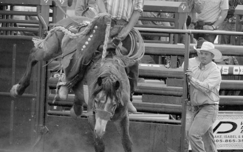 Dominik Harrison of Eagle Butte competing in ranch bronc riding.