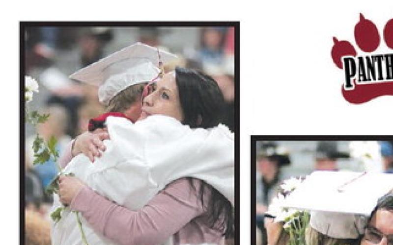 Jayden Miller presents his mother, Jamie Jones, with flowers and a hug.