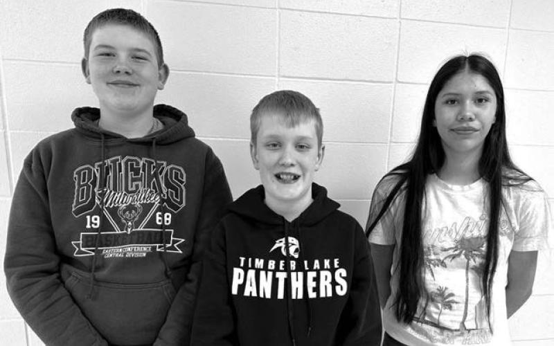 Timber Lake Middle School spellers who won awards at the NWAS Spelling Bee are (l-r): Brayden Meier (6th grade), Mason Hollenbeck (7th grade) and Autym Red Bear (8th grade).