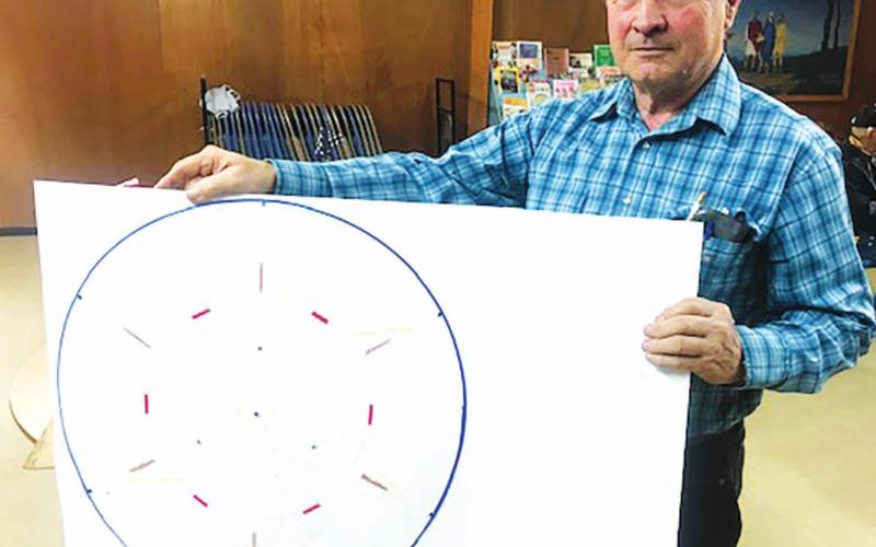 Isabel American Legion Post 120 Commander Johnny Boldt shows off a rough draft of a new design for the Veterans Memorial at Hillview Cemetery. The post will be adding 70 new names to the memorial stones and placing them in a new configuration. The redesign was approved by the membership during Post 120’s birthday celebration for the American Legion in March. Photo by Jon Flatland