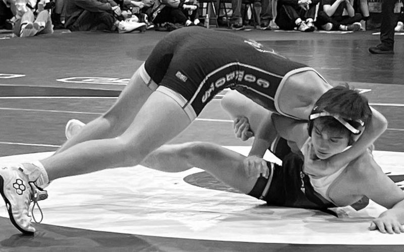 Blake Lei, bottom,, works to get free from a hold applied by Hettinger-Scranton’s Nick Dobitz during a 127 pound match at the Hettinger (ND) Wrestling Classic on Saturday, Jan. 10. Lei ended up losing the match by pinfall but finished fourth overall in his division. Also finishing fourth in their respective classes for the Timber Lake boys were TK Paxton and Isaac Zeug, while on the girls side, Lilly Veit captured a bronze medal with a third place showing. Photo by Denise Perryman