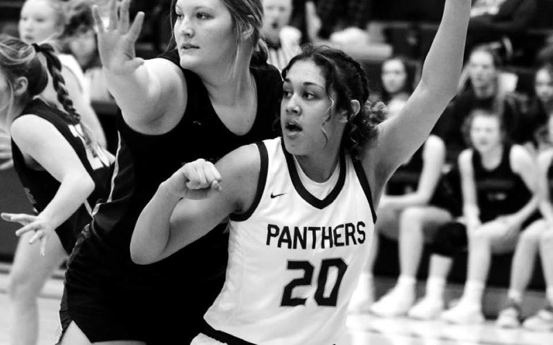 Timber Lake forward Jasmine Nash (20) battles for position under the basket with Herreid-Selby Area center Jada Rossow during girls basketball action Monday, Dec. 19. The Lady Panthers improved to 3-0 with a 55-42 win over the Wolverines. Photo by Jon Flatland