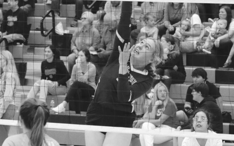 LEFT: Timber Lake’s Sara Holzer and Jasmine Nash attempt to block a spike from Herreid-Selby’s Pausha Meidinger during the Mobridge-Pollock Invitational on Saturday, Sept. 10. Looking on for Timber Lake is Carlie Lawrence (3). ABOVE: McIntosh senior Chloe Sandland hammers a spike against Cheyenne-Eagle Butte. Photos by Jon Flatland