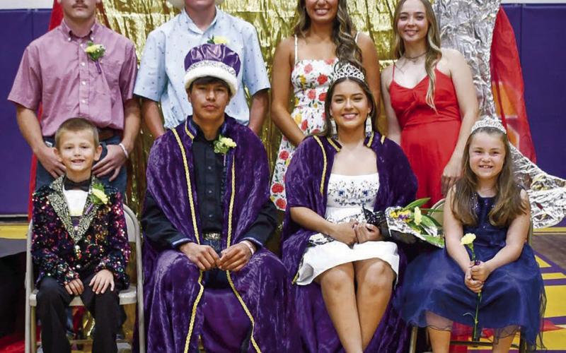 Dupree High School crowned its 2024 Homecoming King and Queen on Monday, Sept. 23. Pictured are (Front, L-R): Prince Clinton Farlee, King Tripp Schrempp, Queen Lourdes Dupris, and Princess Andrea Jewett. (Back, L-R): Roper Eaton, Brandin Jewett, Charly Etzkorn, and Jessa Hunt. Topic photo by Patty Peacock