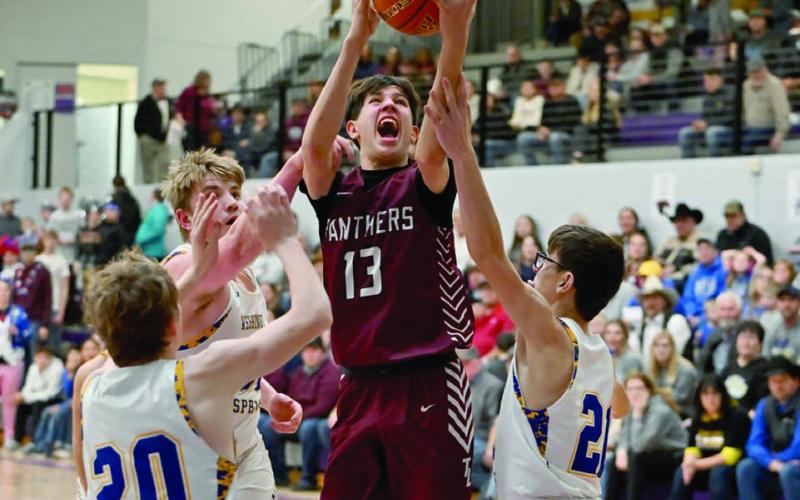 Panther forward Jackson Bigger (13) drives to the hoop between a pair of Wessington Springs defenders during the SoDak 16 matchup between Timber Lake and the Spartans. Photo by Marie DuPreez