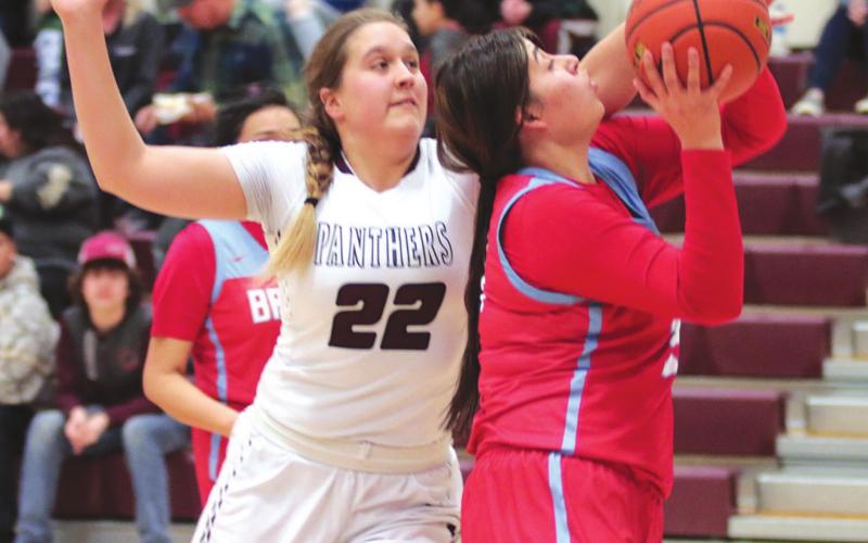 Timber Lake senior Tessa Goldade defends an attempt at the basket by Cheyenne-Eagle Butte’s Shawnee Lawrence during their Feb. 18 contest in Timber Lake. Photo by Jon Flatland