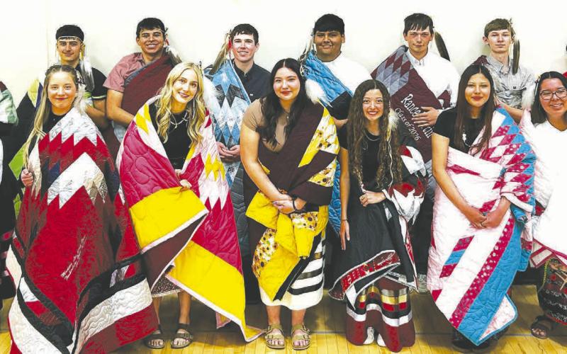 The Timber Lake School Native American Education Committee held an honoring ceremony for Native American graduates on April 22. Seniors honored are Front (l-r): Maddie Lou Gray, Miley Murray, August Laurenz-Anderson, Arianna Bieber, Bethany Archambault, Alexis Salciedo; Back: Ikeeah Buckley, Ethan Ward, Chris Peterson-Lemmon, Cullen Biegler, Hayden Thompson, Rance Martin, Gavin White, and Jesse Ridl.