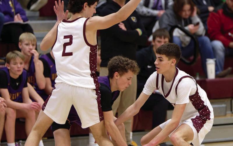 Pete Maher (2) and Braden Lawrence pressured a Herreid-Selby ball handler and forced a turnover during Timber Lake’s win over Herreid-Selby last week.. The Panthers will have the No. 1 seed heading into the LMC Tournament on Friday. Topic Photo/Marie DuPreez