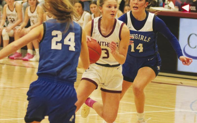 Timber Lake guard Carlie Lawrence dribbles between Lemmon defenders Karly Riley (24) and Emily Faughn (14) during semifinal round action of the Little Moreau Conference Girls’ Basketball Tournament in Timber Lake on Friday, Jan. 20. Lemmon upset the previously-unbeaten and top-seeded Lady Panthers 79-54. See Pages 8-9 for more sports. Photo by Jon Flatland