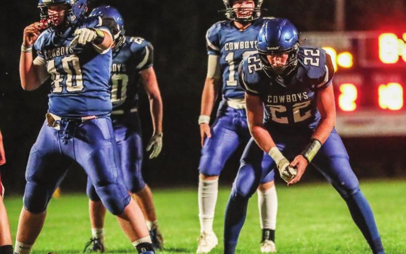 Lemmon/McIntosh gridders Carson Bailey (40), Matthew Mollman (20), Cody Thompson (12) and Tell Mollman (22) prepare for an offensive play during recent 9-man football action. Photo by Robert Slocum