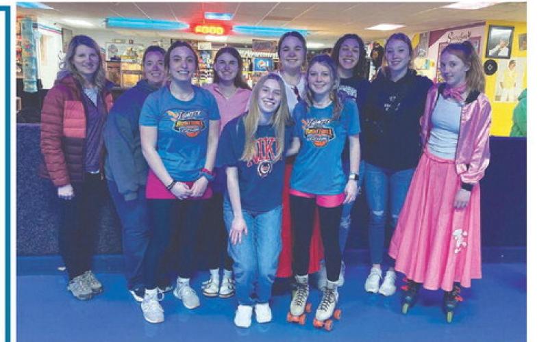Representing Timber Lake High School at the State Education Rising Conference in Aberdeen were (FRONT, L-R): McKenzi Vomacka, Averie Marshall, Kenlea Heck; BACK: Luann Lindskov and Leah Peterson (co-advisors), Meredith Maciejewski, Kate Biegler, Jasmine Nash, Kendyl Locken, Sara Keller. This group won the dress-up contest at the skate party the night before the conference.