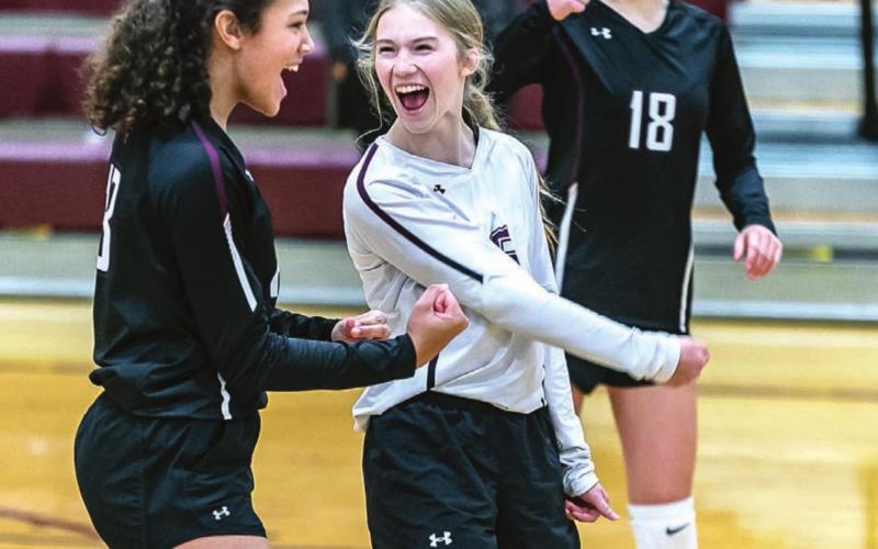 Panther junior varsity volleyballers (L-R) Jasmine Nash, Averie Marshall and Natalie Gross celebrate a point during their home match versus Bennett County. Photos by Robert Slocum